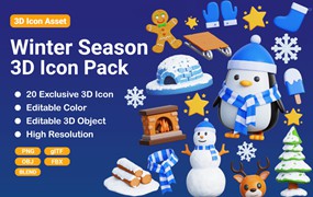 20款3D趣味卡通冬季icon图标PNG插画插图Blender模型设计套装Winter 3D Icon