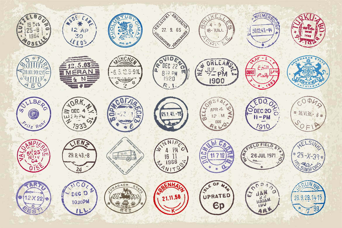 复古英伦邮票印章印戳AI矢量PNG图形设计元素套装Vintage postage stamps and ephemeral vector set , 第2张