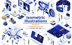 10幅时尚2.5D等距网站APP界面设计矢量插图插画AI/Figma/JPG格式素材 Isometric Ui illustrations