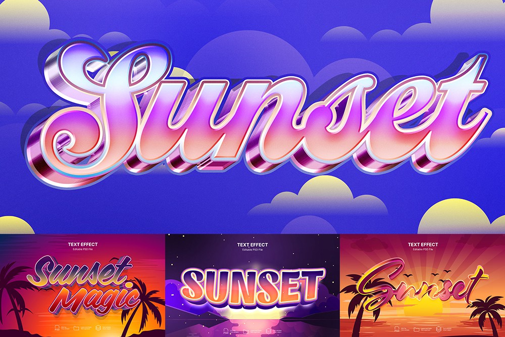 10款蒸汽波3D立体落日Y2K夏威夷度假风文本标题logo徽标PSD特效样机Sunset text effect set 图片素材 第1张