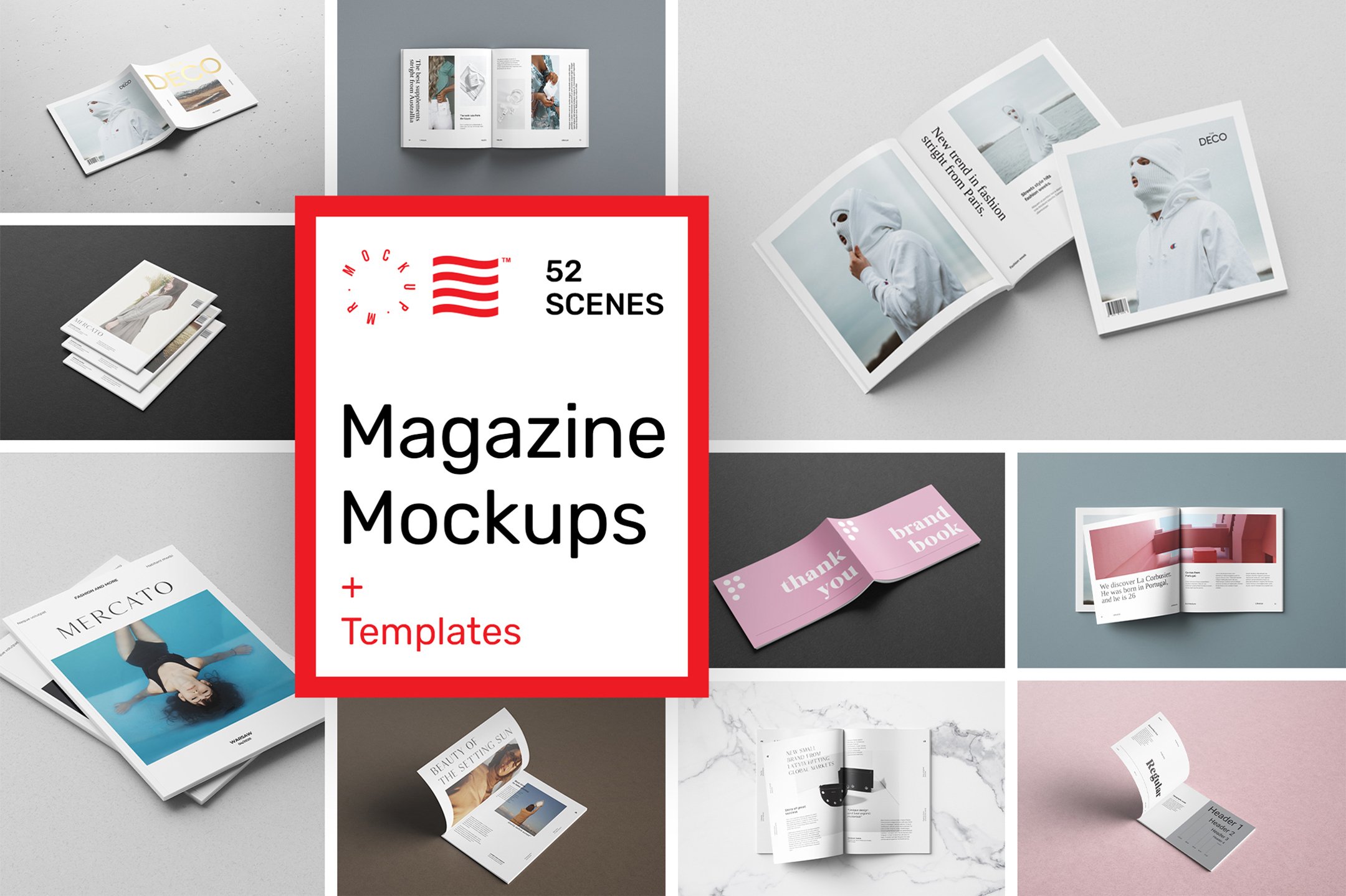 52个时尚简洁杂志打印Photoshop模板 Magazine Mockups - 52 Scenes 样机素材 第1张