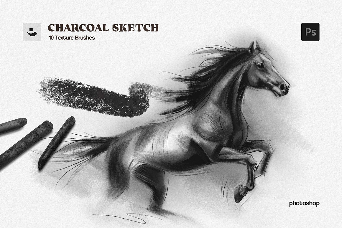 木炭笔粉笔素描纹理效果PS笔刷 Charcoal Sketch Photoshop Brushes , 第1张