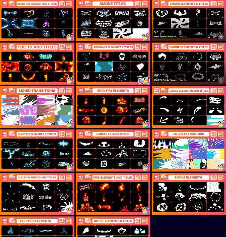 FCPX插件：200多个抽象趣味2D手绘烟雾、闪电、火焰、液体、卡通涂鸦元素背景转场 , 第1张