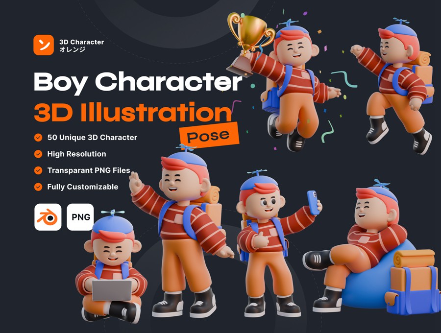 50+3D趣味卡通人物角色动作PNG插画插图Blender模型设计套装Boy 3D Character Poses , 第1张