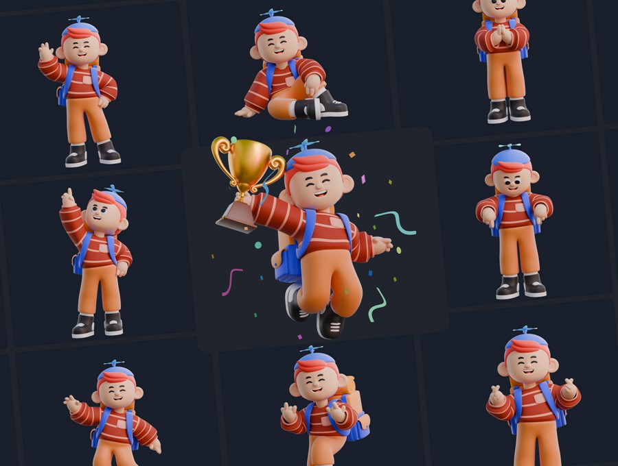 50+3D趣味卡通人物角色动作PNG插画插图Blender模型设计套装Boy 3D Character Poses , 第8张