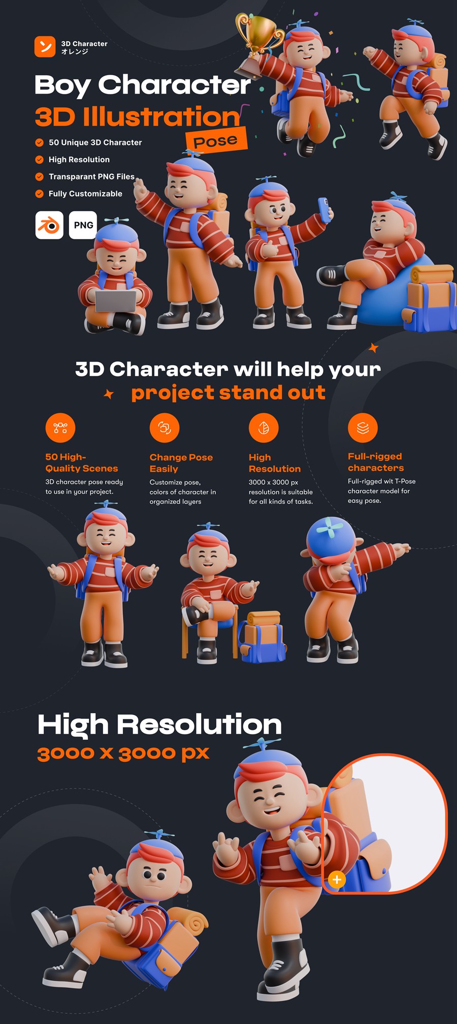 50+3D趣味卡通人物角色动作PNG插画插图Blender模型设计套装Boy 3D Character Poses , 第7张