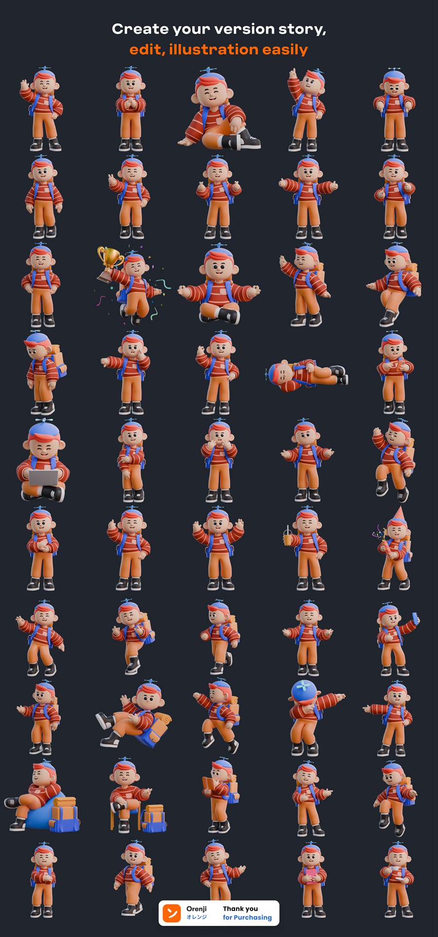 50+3D趣味卡通人物角色动作PNG插画插图Blender模型设计套装Boy 3D Character Poses , 第11张