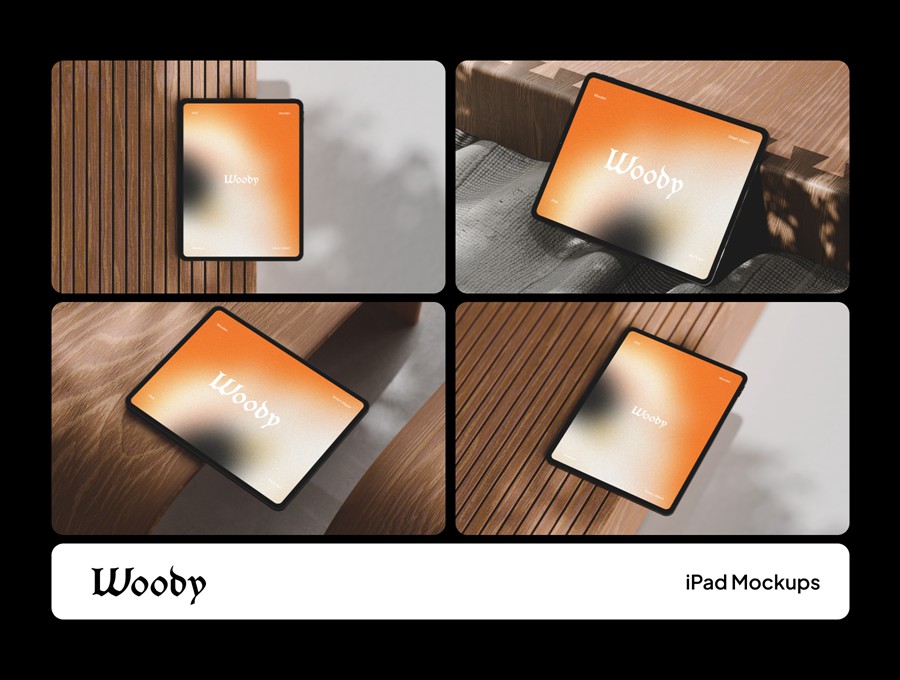 4款木质背景UI界面设计苹果iPad平板电脑展示贴图PSD样机模板素材Woody iPad Mockups , 第1张