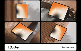 4款木质背景UI界面设计苹果iPad平板电脑展示贴图PSD样机模板素材Woody iPad Mockups