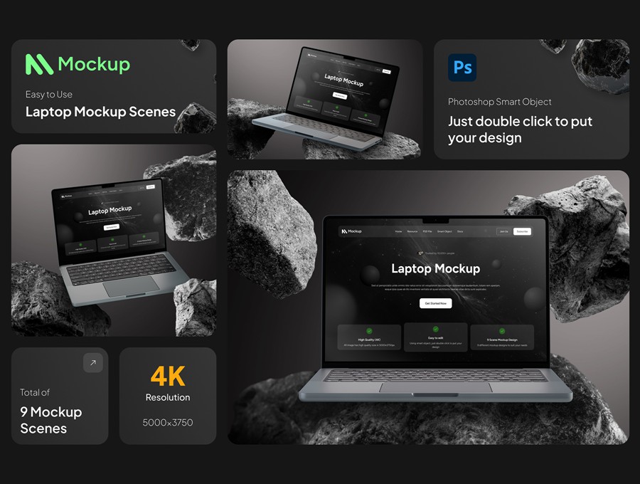 9款高级岩石背景网站UI界面设计苹果MacBook笔记本电脑展示PS贴图样机模板Laptop Mockup Screen Collection , 第1张
