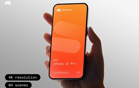 时尚UI界面广告设计苹果iPhone 15 Pro手机展示效果图PSD样机模板iPhone 15 Pro in hand