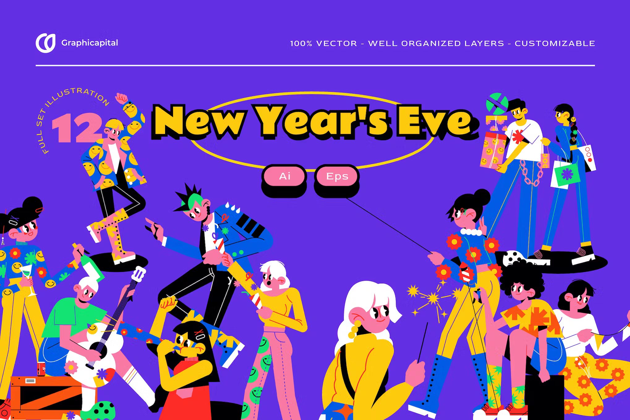 12款卡通人物形象紫色平面设计新年AI矢量插画集 Purple Flat Design New Year's Illustration Set 图片素材 第1张