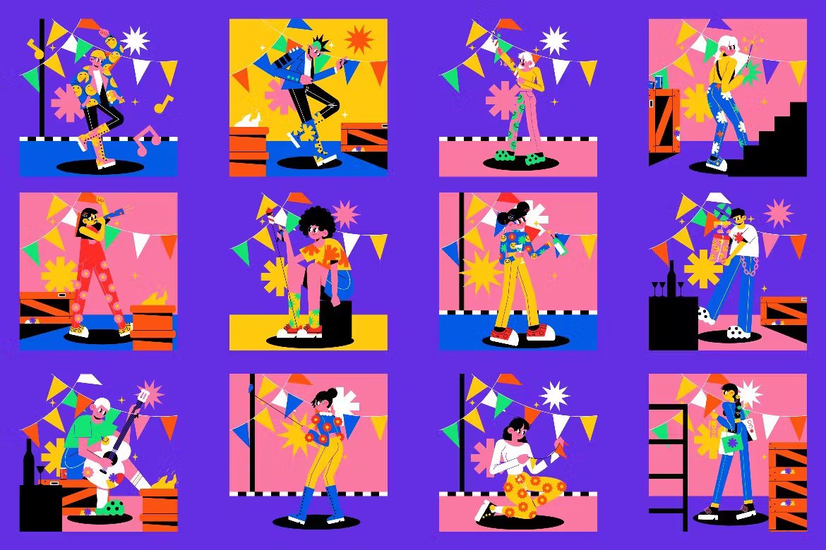 12款卡通人物形象紫色平面设计新年AI矢量插画集 Purple Flat Design New Year's Illustration Set 图片素材 第4张