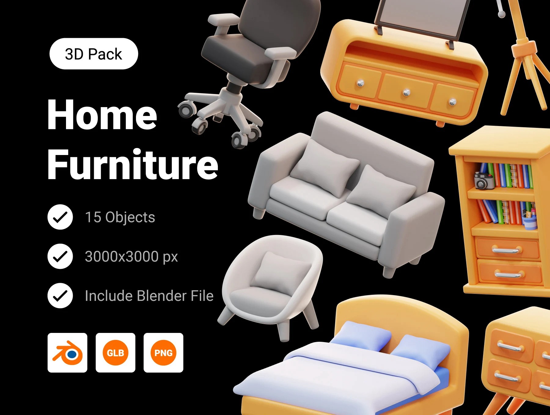 15款高级3D质感家具沙发柜子床图标Icons设计Blender/Png格式素材Home Furniture 3D Icon Pack , 第1张