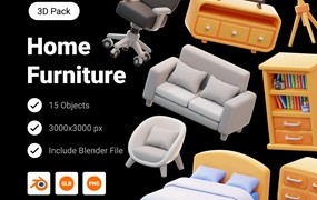 15款高级3D质感家具沙发柜子床图标Icons设计Blender/Png格式素材Home Furniture 3D Icon Pack