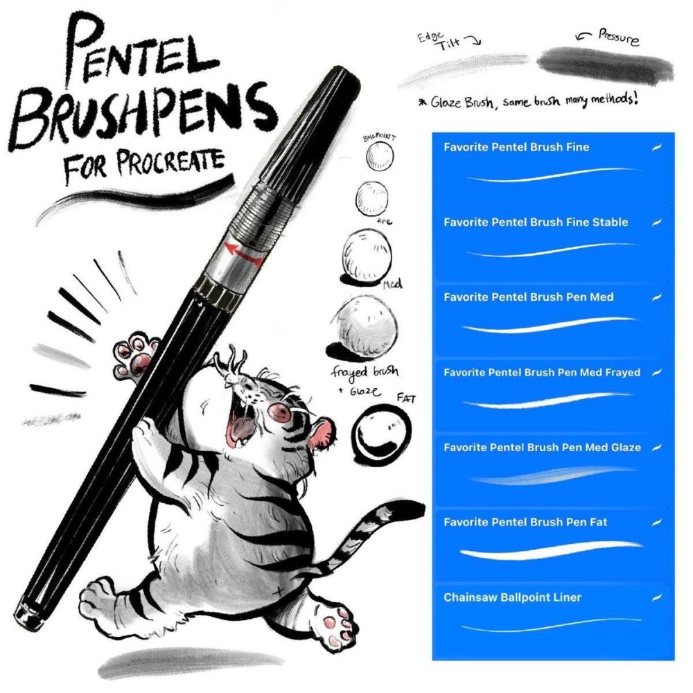 水墨线条Procreate笔刷画笔绘画设计素材Pentel (like) Brush Pens for Procreate , 第1张